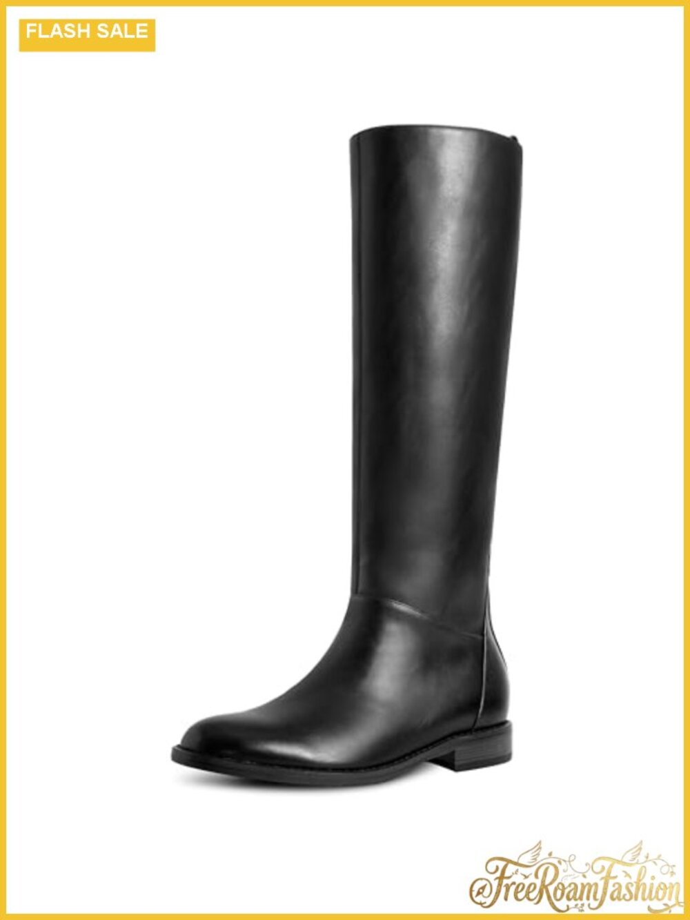 PU Knee-High Flat Boots Round Toe Low Heel Pull-On Women's